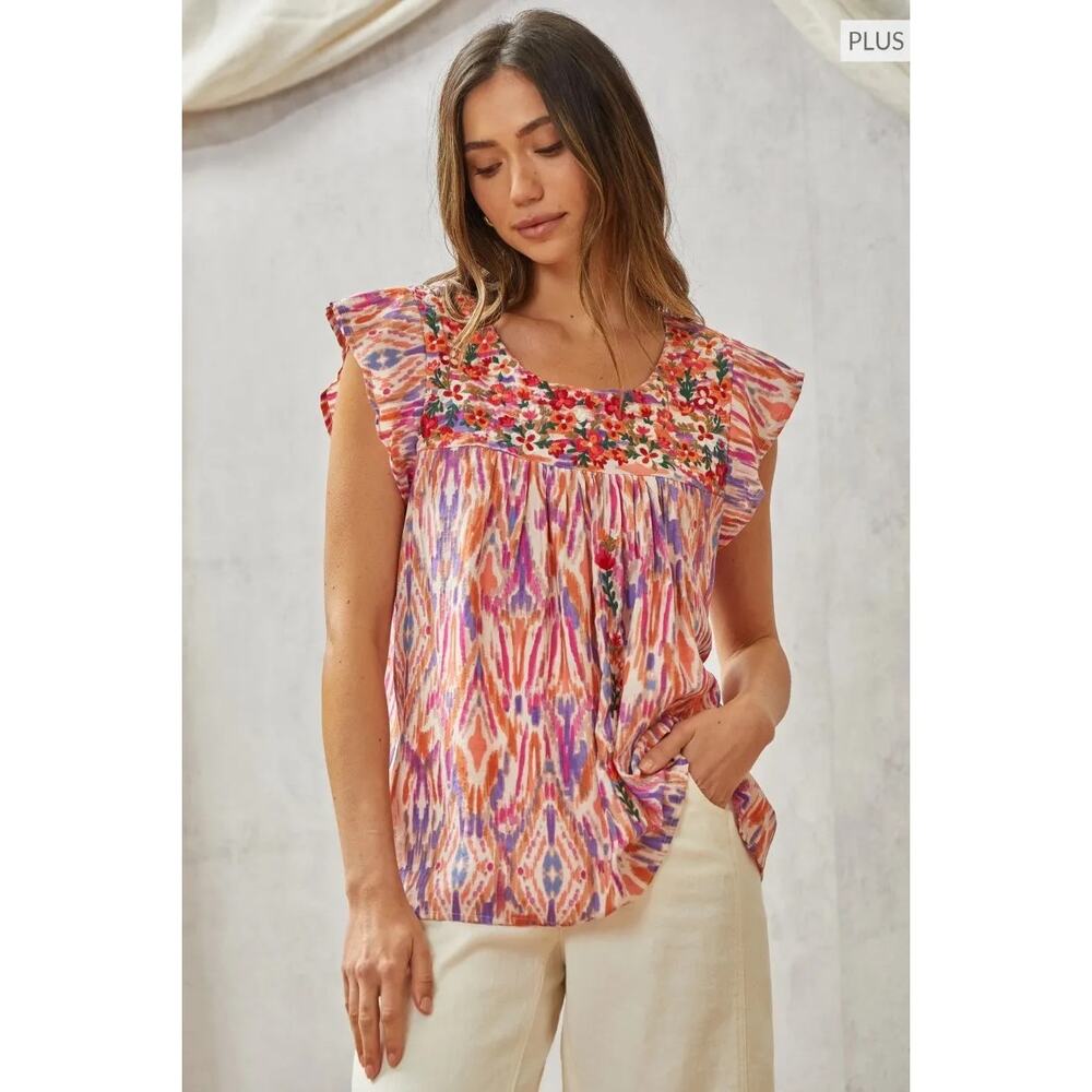 Savanna Jane Play it Safe Babydoll Floral Embroidered Yoke Flutter Blouse Large
